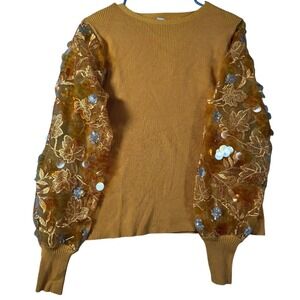 Sioni Womens S Brass Top with Embroidered Organza Sleeves Autumn Fall